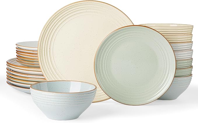 Famiware Jupiter Stoneware Dinnerware Sets for 8, Rimmed Plates and Bowls | 24pc Ceramic Speckled Dishes, Chip & Scratch Resistant, Microwave & Dishwasher Safe, Rustic Modern Style, Neutral Multicolor