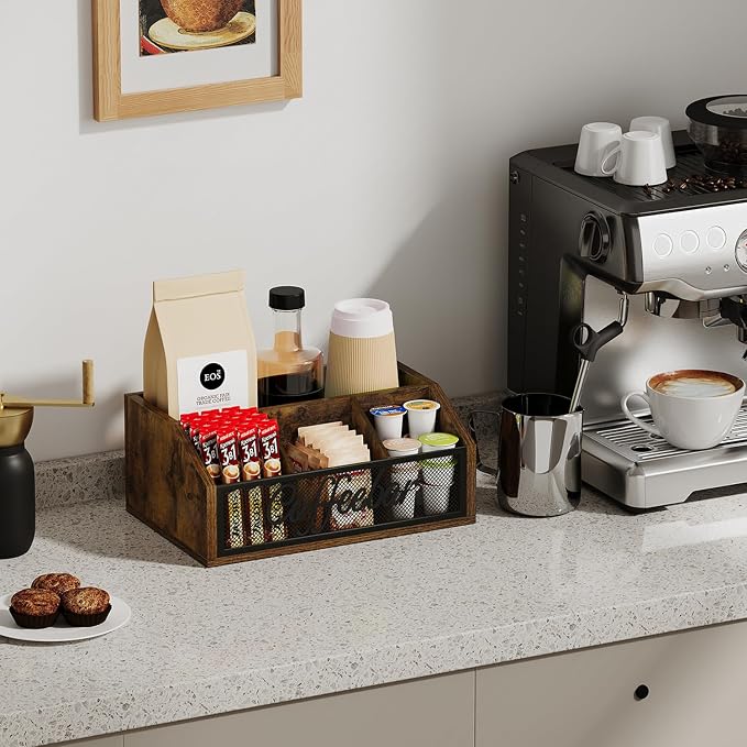 YINMIT Coffee Station Organizer for Countertop, Wood Coffee Bar Organizer with Removable Dividers for Pods, Syrup, Cups, Stirrer, Tea - Office Coffee Bar Accessories, Iron Mesh-Vintage Brown