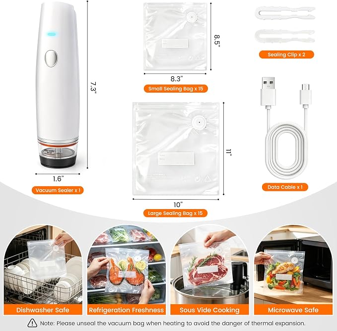 -80kPa Compact Vacuum Sealer for Food (Vacuum Sealer Machine + 30 Reusable Bags), Cordless Handheld Vacuum Sealer Machine Portable Mini Food Sealer for Sous Vide & Meal Prep-White