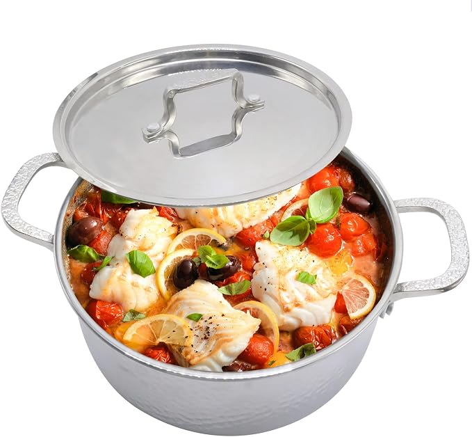 Vivicreate Tri-Ply Stainless Steel Stockpot Deep Cooking Pot with Hammered Exterior Compatible with All Stovetops Even Heat Distribution Durable Cookware for Soups Stews and More 4 QT
