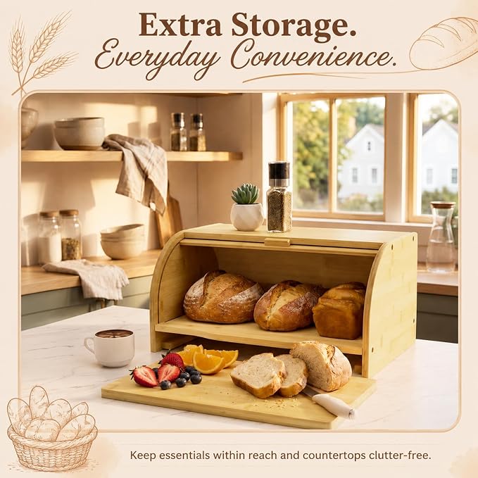 Sawysine Large Bamboo Bread Box with Cutting Board, 17.5" x 11" x 8.6" | Roll Top Bread Storage Box for Kitchen Countertop, Farmhouse Bread Keeper Organizer for Loaves, Bagels, Pastries and Baked