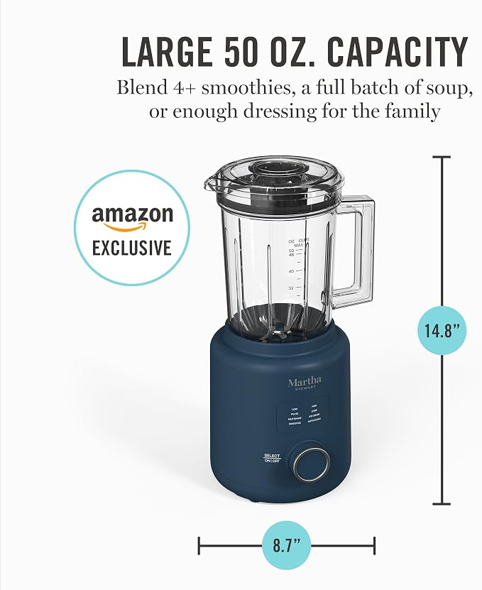 Martha Stewart 50oz Countertop Blender, 3 Speeds, 5 Presets, Indigo Blue | BPA-Free Pitcher, Smoothies, Margaritas, Milkshakes & Ice Crushing, Stainless Steel Blades, Auto-Clean, Dishwasher-Safe Parts