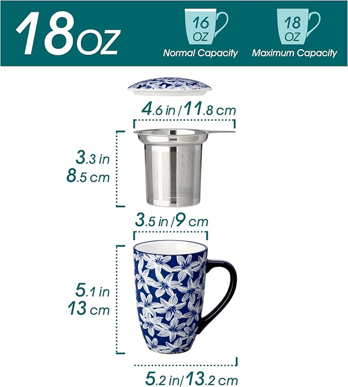 vancasso SELENE Porcelain Tea Mug, 18 oz Porcelain Tea Cup with Infuser and Lid Steeps Loose Leaf Tea, Microwave & Dishwasher Safe, Blossom Cluster