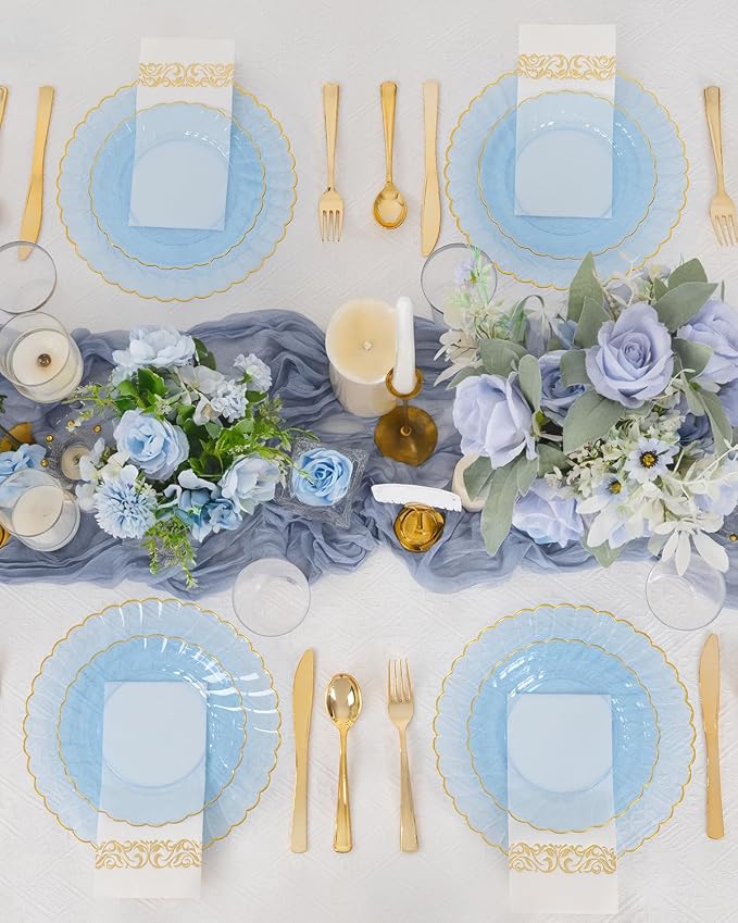 YOUBET 175PCS Clear Blue Scalloped Plastic Plates for Party Wedding | Blue and Gold Disposable Dinnerware Set Include 50 Plates, 75 Gold Silverware, 25 Cups, 25 Napkins for Baby Shower