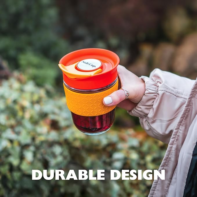 Travel Mug Loose Tea Infuser - Detachable Tea Strainer with Spillproof Lid - BPA-Free Reusable Glass Travel Coffee Cup with Silicone Band (Black, 12oz)