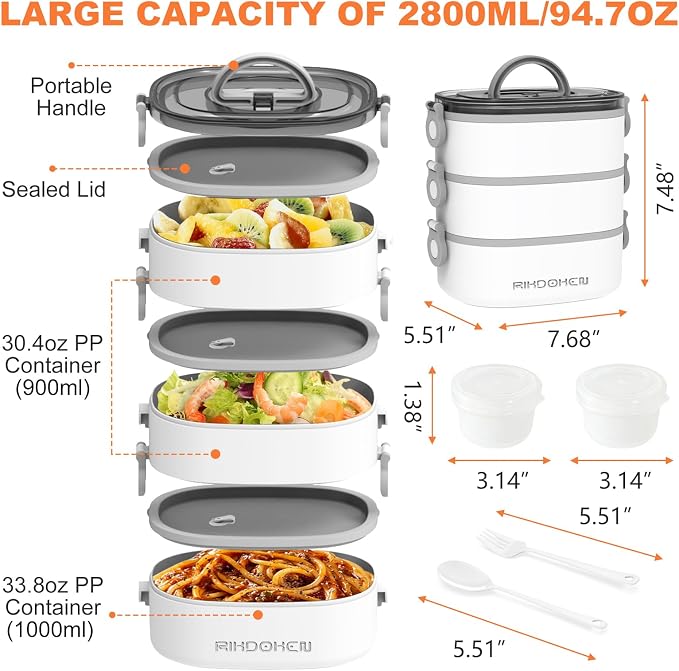 RIKDOKEN Lunch Box, Stackable 3 Layers Containers, Portable 94OZ Large Capacity Leakproof Bento Box with Spoon & Fork & Sauce Boxes, Microwave Safe Lunch Box for Kids and Adults