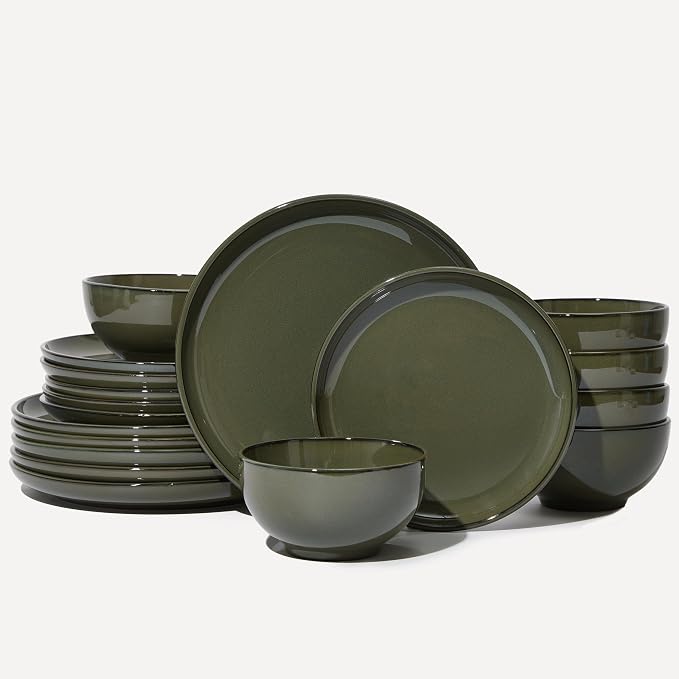 18 Piece Dinnerware Set for 6, Reactive Glaze Terracotta Plates and Bowls Set, Large Family-Sized Stoneware Dish Set for Gatherings, Chip and Scratch Resistant, Blackish Green