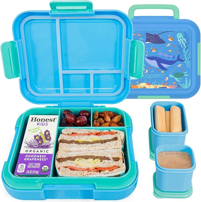 Caperci Bento Box for Kids Age 4-8 - Leak-Proof Toddler Lunch Box Container with 2 Modular Containers & 4 Compartments, Hold 4.8 Cups, Portable Handle, BPA-Free, Microwave/Dishwasher Safe (Sea Life)