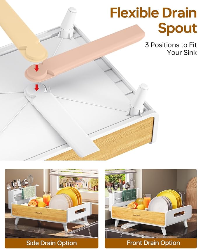 Urackify Modern Dish Rack for Kitchen Counter,Stainless Steel&Bamboo,White | Elegant Bamboo Accent, Large Capacity, Self-Draining Spout, Rust-Resistant, Removable Utensil Holder