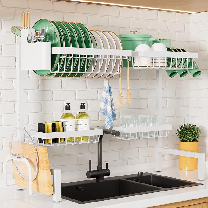 Kitsure Adjustable Over The Sink Dish Drying Rack, 26.8" -33.9"x21.5" | Sink Drying Rack for Kitchen Sink, Dish Rack Over Sink with Cutlery & Utensil Holders, Kitchen Storage, White