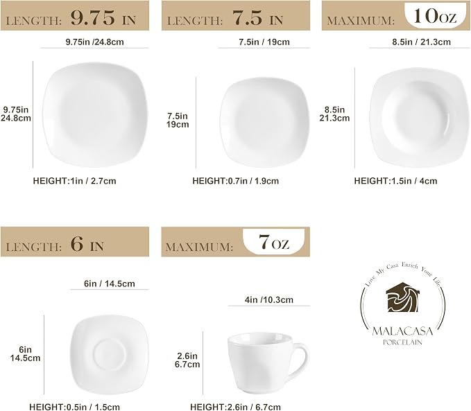 MALACASA 30 Piece Porcelain Dinnerware Set, Grey White Dish Set for 6, Square Ceramic Dishware Sets, Chip and Scratch Resistant Plates and Bowls Sets, Cups and Saucers, Series ELISA