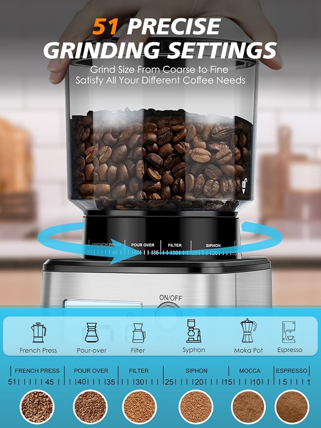 Homtone Conical Burr Espresso Coffee Grinder – 51mm Stepless Electric Bean Grinder with Grind Settings, Precision Timer, Stainless Steel Mill with Portafilter Holders, Anti-Static for Drip/Moka