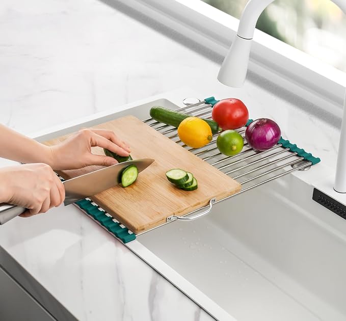 Tomorotec Roll Up Dish Drying Rack Over Sink,304 Steel,17.7x12.5,DarkGreen | Anti-Slip Silicone Rims For Grip, Heat-Resistant Trivet Mat Holding Heavy Cookware, Rustproof Kitchen Counter Space Saver
