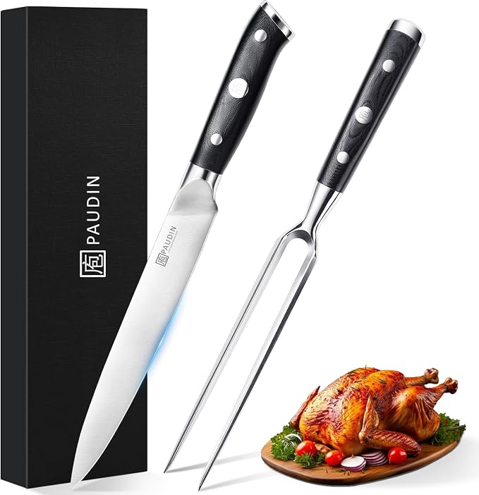 PAUDIN Carving Knife Set, 8 inch German High Carbon Stainless Steel Meat Slicing Knife with 7 inch Turkey Fork, Ergonomic Full Tang G10 Handle, Dishwasher Safe,BBQ Brisket Slicer,Cooking Gifts for Men