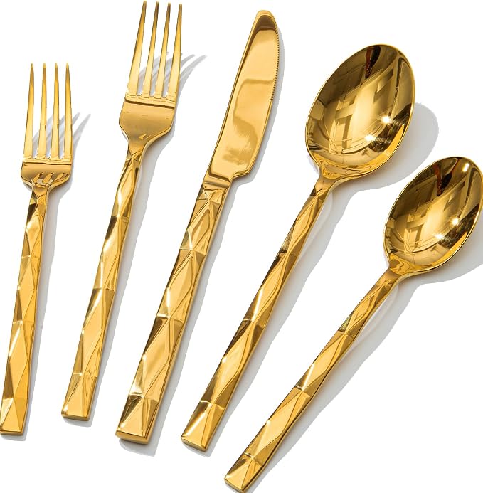20 Piece 18/10 Gold Silverware Set, Stainless Steel Flatware Cutlery for 4 | KINGSTONE Luxury Silverware with Diamond Cut Pattern, Mirror Polished Utensils for Kitchen, Wedding, Party, Dishwasher Safe