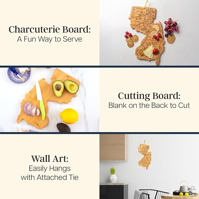 Totally Bamboo Destination New Jersey State Shaped Cutting Board | State charcuterie serving board with engraved map artwork. Smooth reverse side for food prep. Hang tie for wall display.