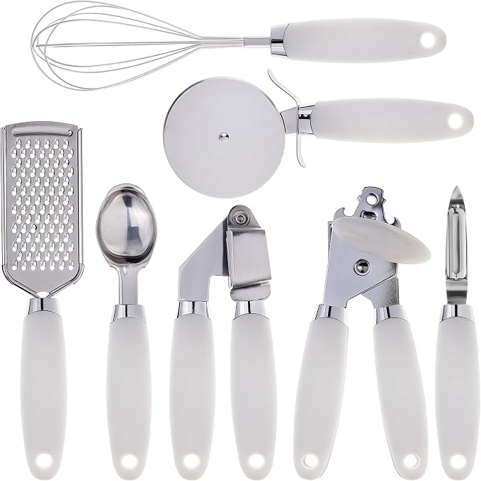 COOK WITH COLOR Kitchen Gadget Set Stainless Steel Utensils with Soft Touch Handles, 7 Pieces, Stainless Steel White