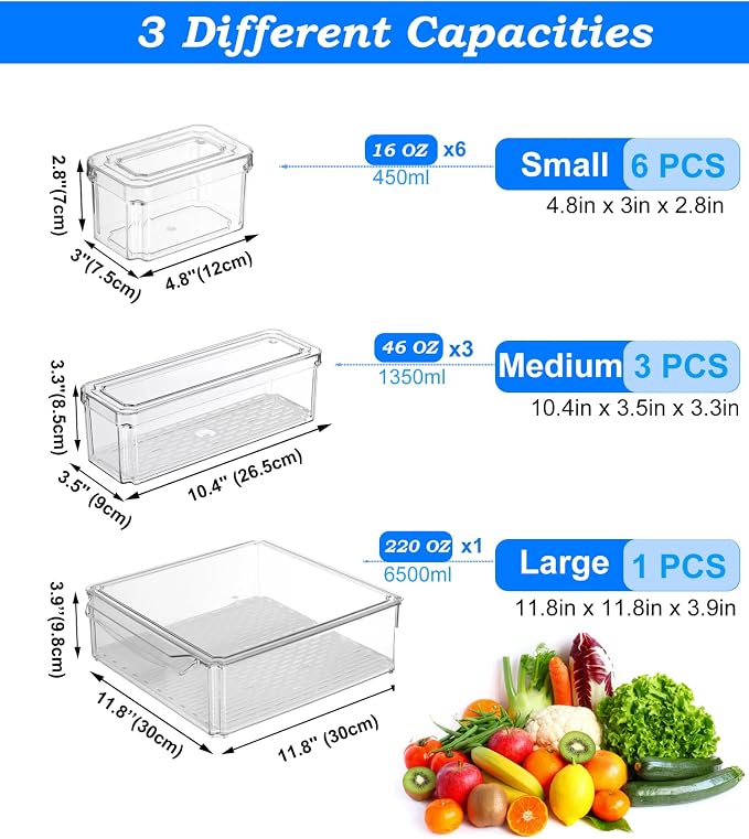 KUMD 10-Pack Clear Fridge Organizer Bins with Lids, Stackable Refrigerator Storage Containers, BPA-Free with Drain Tray & Anti-Slip Base for Fruits, Veggies, Drinks