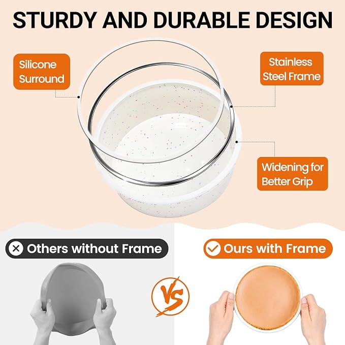CAKETIME 6 Inch Silicone Round Cake Pan with Metal Reinforced Frame Set of 2, Non-stick & BPA Free, Even Heat Distribution, Stackable & Dishwasher Safe
