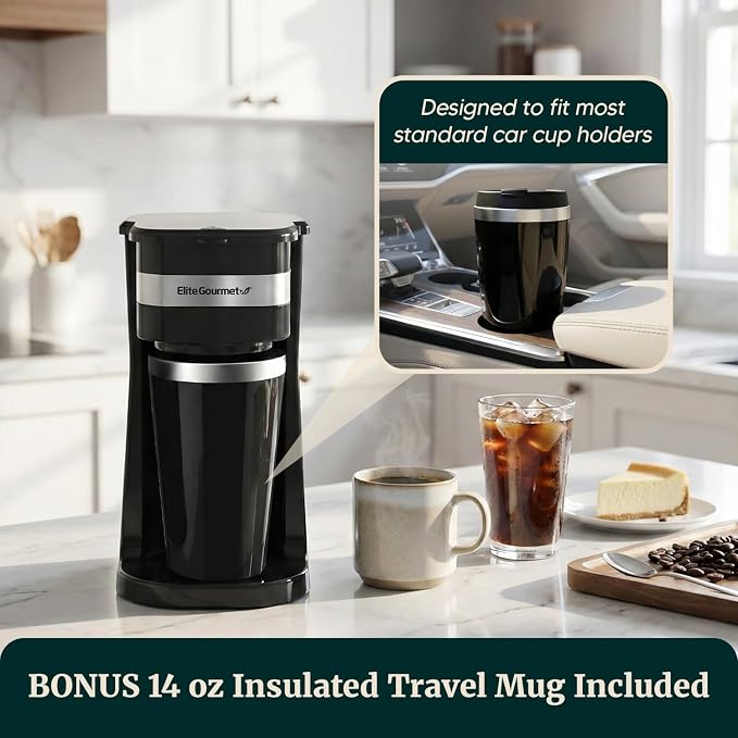 Elite Gourmet EHC113 Personal Single-Serve Compact Coffee Maker, Black | Includes 14oz stainless steel interior thermal travel mug, reusable filter - compatible with coffee grounds