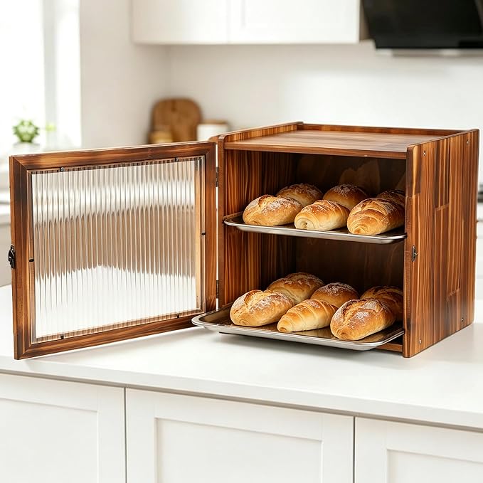 Vintage Bread Box for Kitchen Countertop, 2-Layer Large Wooden Breadbox | Farmhouse Wood Bread Boxes with Removable Stainless Steel Tray, Homemade Bread Storage Container with Clear Acrylic Window