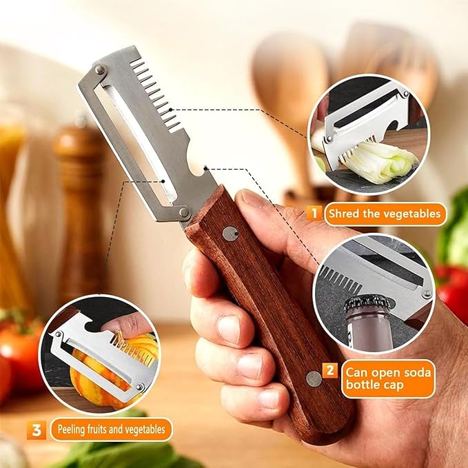 2026 Upgrade Multi-Functional Vegetable Peeler, 3 in 1 Multi Functional Wooden Handle Peeler and Bottle Opener, Kitchen Gadgets Tool forFruitVeggie Peeler