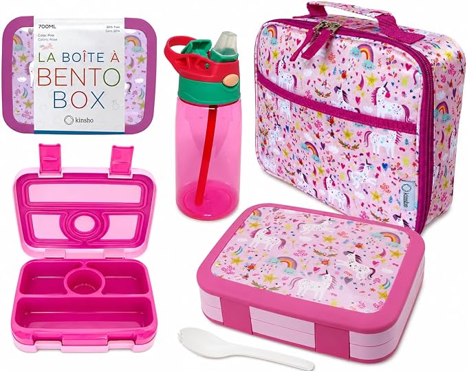 kinsho Bento Lunch Box with Insulated Bag and Water Bottle Set for Kids Toddlers, 4 Portion Sections, Removable Tray, Pre-School Girl Toddler Daycare Lunches, Snack Container, Pink Unicorn
