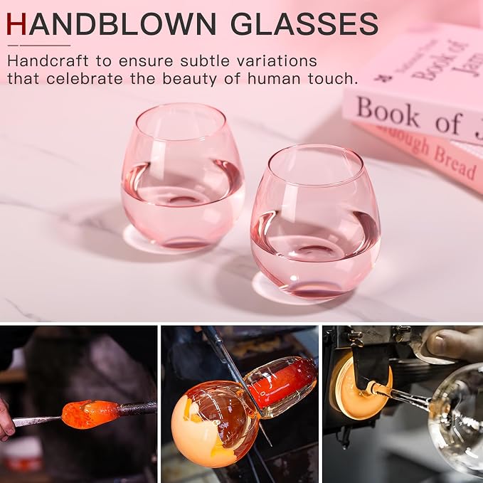 Pink Wine Glasses Set of 6-15oz -Colored Stemless Hand-Blown Wine Glasses, European Design Crystal Glass For Red & White Wine, Unique Gifts for Wedding, Birthday