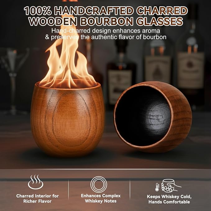 Charred Wooden Bourbon Drinking Glass Wooden Whiskey Glasses Set of 2 Complete Whiskey Gift Set Old Fashioned Glass Bourbon Gifts for Men (2 Pack Soccer)