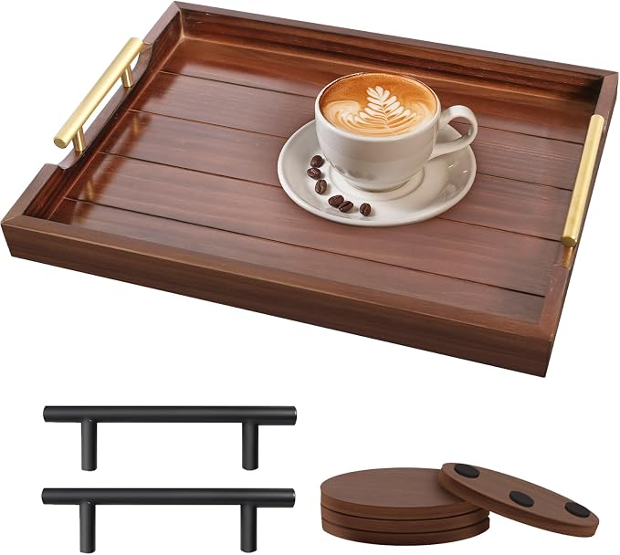 SXNOWS Large Wooden Serving Tray with 2 Sets of Handles,Dark Brown | Rectangle 16.5x13 Inch Ottoman Decorative Tray for Coffee Table Kitchen Bar Living Room Breakfast in Bed, 4 Coasters Included