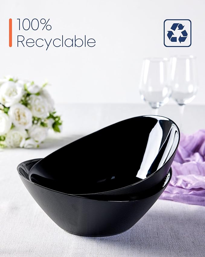 66 OZ Salad Bowl Set of 2, 10 Inch Black Opal Glass Oval | Ultra-thin lightweight serving dish with microwave & dishwasher safe design, perfect for salad, fruit and kitchen use