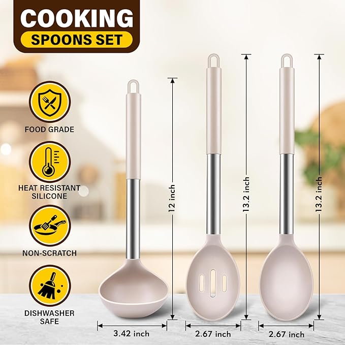 3Pcs Silicone Cooking Spoon Set, Kitchen Utensils Include Solid & Slotted Spoon, Soup Ladle, Food-Grade Heat Resistant 446°F, Non-Scratch Spoons for Serving, Stirring, Draining, Dishwasher Safe, Khaki
