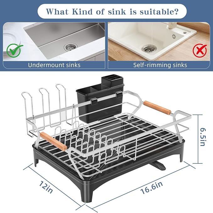 Dish Drying Rack,Space Saving Dish Drainer for Kitchen Counter& Sink,Silver | Rustproof,Riser Feet,Wooden Handle,Cup Holder & Knife Slots,Expandable Spout,Auto-Drainage System,Sink Storage Organizer