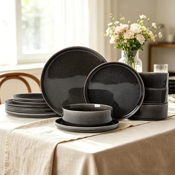 Dinnerware Sets for 4, 12 pcs Reactive Glaze Plates and Bowls Sets, Black | Large Size Modern Stoneware Dishes, Chip & Scratch Resistant, Dishwasher and Microwave Safe Tableware, Glossy