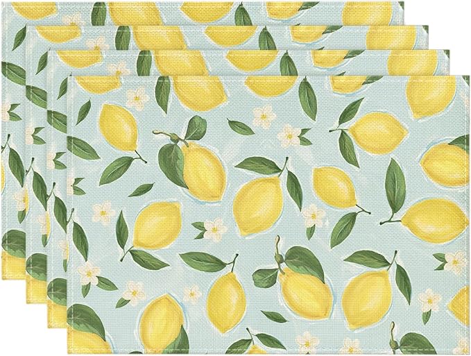 Artoid Mode Blue Lemon Flower Floral Summer Placemats Set of 4,12x18 Inch Seasonal Spring Table Mats for Party Kitchen Dining Decoration