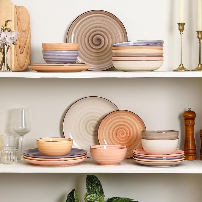 Selamica Ceramic Plates and Bowls Sets,24 Pieces Dinnerware Sets for 6,Scratch Resistant Dish Set for holiday gathering,Dishwasher & Microwave Safe, Maillard