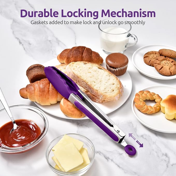 U-Taste Kitchen Tong for Cooking, 600ºF Heat-Resistant Tps, 9in/Purple | Rubber Tong for Serving Food, Salad/Grill/BBQ/Steak/Pasta Silicon Tongs, 18/8 Stainless Steel Handle & Smooth Locking