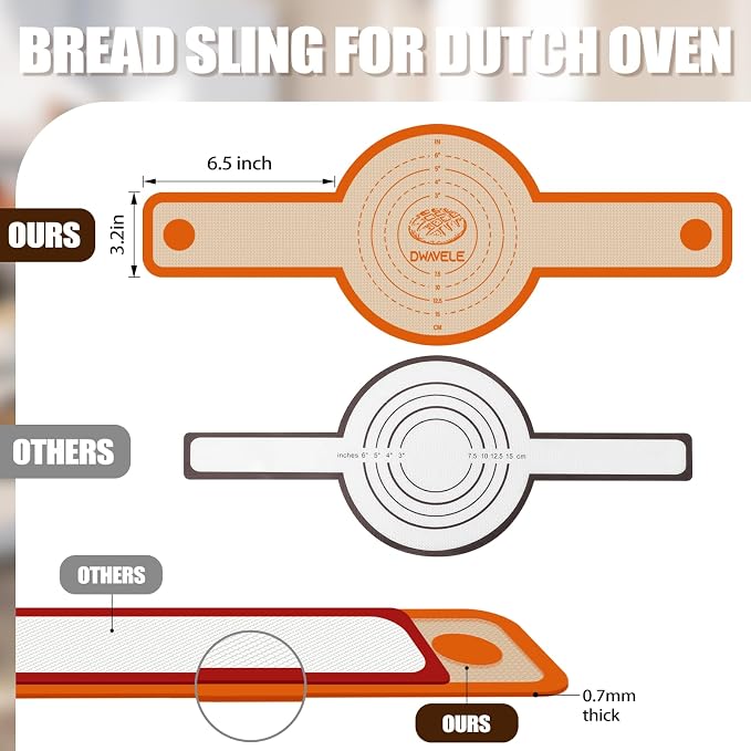 Silicone Bread Sling for Dutch Oven, Non-Stick & Easy to Clean Bread Baking Mat Set, 2 Pcs Reusable Bread Sling with Long Handle to Transfer Sourdough (Orange, Oval and Round)