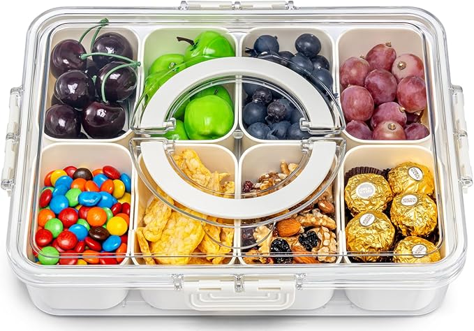 Pure Future Air-Tight Snackle Box Container –Divided Serving Tray with Lid & Handle–Clear Snack box for Fruits, Candy & Nuts–Portable for Travel & Daily Use (8 Inside Containers Dishwasher Safe)