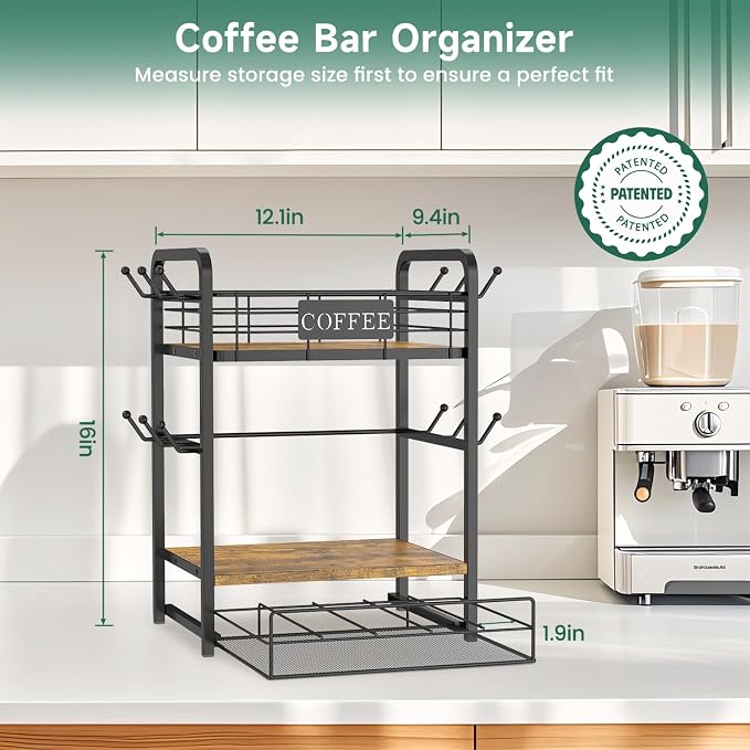 EsLuker.ly Coffee Bar Organizer Station Shelf Mug Holder, with 12 Hooks | 3 Tier Coffee Cup Stand Rack for Countertop, K Cup Pod Organizer Drawer for Home Office, Keeps Essentials Tidy & Accessible