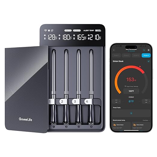 GoveeLife Smart Wireless Meat Thermometer Digital 4 Probes with App Alarm | Stable Bluetooth WiFi Transmission, IP68 Waterproof, Standalone Charge Magnetic Base, Grill Thermometer for BBQ, Smoker, Oven