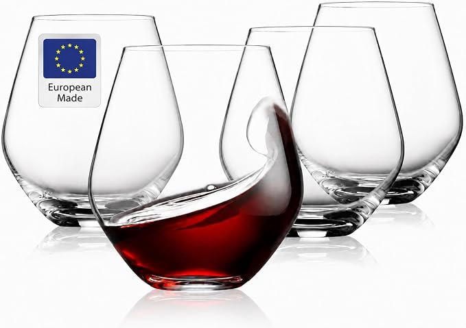 Godinger Wine Glasses, Stemless Wine Glasses, Red Wine Drinking Glasses, Stemless Wine Glass - 17oz, Set of 4 - Made in Europe