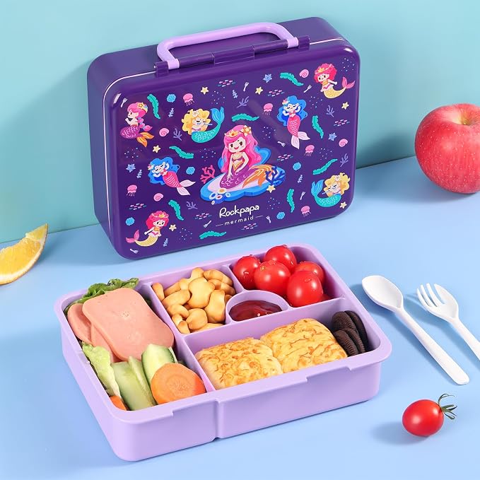 rockpapa Bento Box for Kids - Large 5.5 Cups Lunch Box with Utensils - 5 Compartments, BPA-Free, Leak Proof, Portable Handle for Boys Girls, Microwave/Dishwasher Safe (Purple Mermaid)