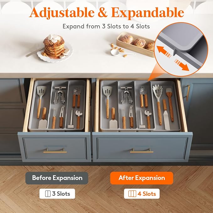 Lifewit Utensil Organizer for Kitchen Drawer, Expandable Cooking Tray | Adjustable Cutlery Flatware Holder, Plastic Silverware Spatula Tools Storage Divider, 11.9-17.3 x 15.8", Gray