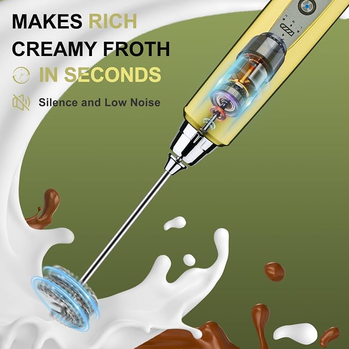 YUSWKO Handheld Milk Frother Wand for Coffee, Rechargeable Electric Whisk with 3 Heads 3 Speeds Drink Mixer Coffee Frother For Latte, Cappuccino, Hot Chocolate, Egg, Champagne Gold