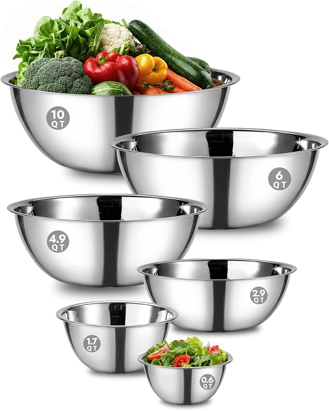 6 Piece Stainless Steel Mixing Bowls Set (0.6–10 QT) | Heavy-Duty Nesting Metal Bowls, 0.6, 1.7, 2.9, 4.9, 6, 10 QT, Flat Base, For Baking, Cooking, Salad Tossing & Meal Prep