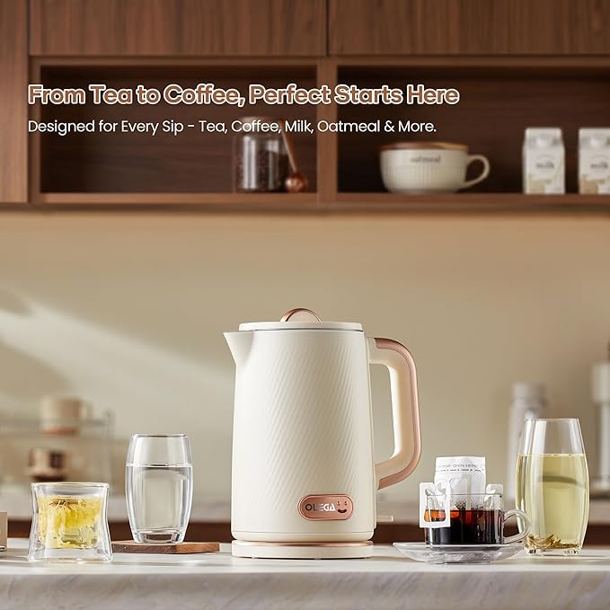 OLEGA Electric Tea Kettle: 1200W Fast Boil Electric Water Kettles 1.5L | Stainless Steel Kettle; Large Electric Water Kettle; Plastic Free Teapot; Auto Shut-Off Water Boiler; Fast Boil Kettles