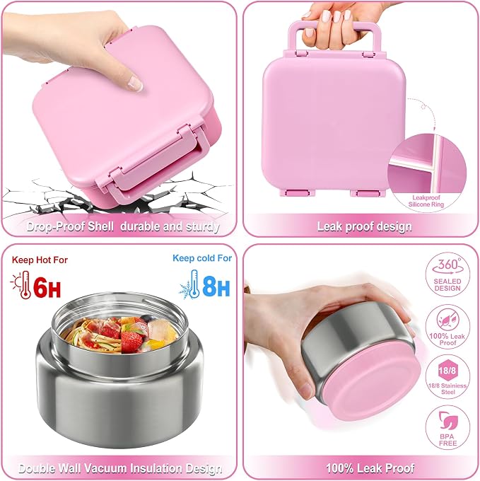 Kids Bento Lunch Box with 9oz Soup Thermo Leakproof Lunch Food Containers 4 Compartment with Insulated Hot Food Jar for Kid Toddler Girls Boys to School, Trvael