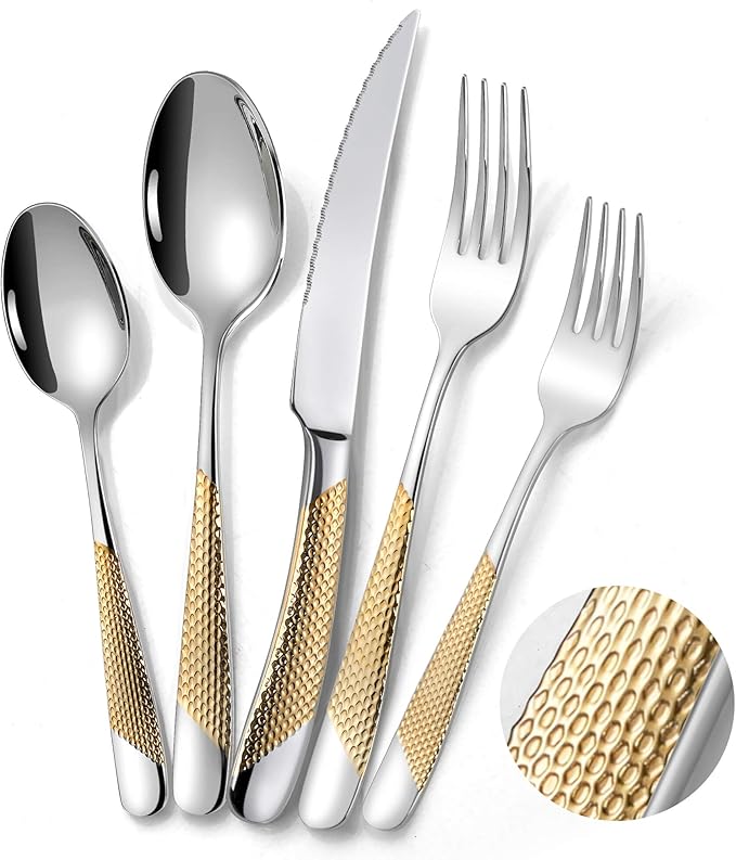 20-Piece Hammered Silver Gold Silverware Set for 4,18/10 Stainless Steel Flatware Set with Serrated Forged Knives,Heavy Duty Cutlery Set for Home & Party,Mirror Polished, Dishwasher Safe