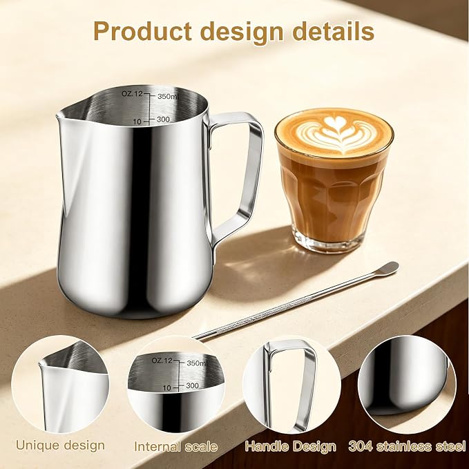 Milk Frothing Pitcher, 12oz Milk Frother Cup with Scale, 304 Stainless Steel Cappuccino Espresso Machine Accessories，for Barista Coffee Bar with Latte Art Pen